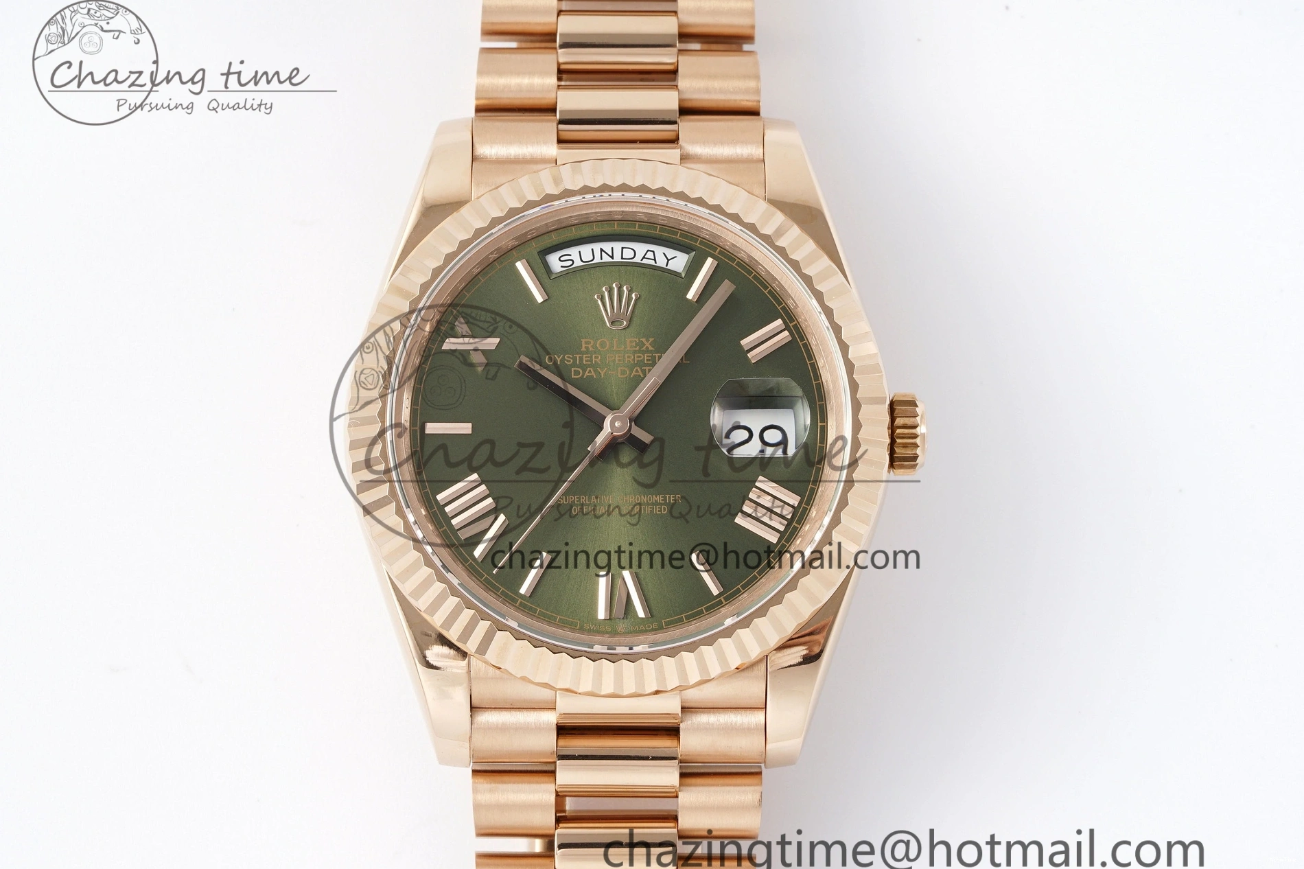MiroTime 0516 DayDate 40 RG JDF Gain Weight 904L Steel Green Dial Roman Markers on President Bracelet A2836 V Trendsetting 1816